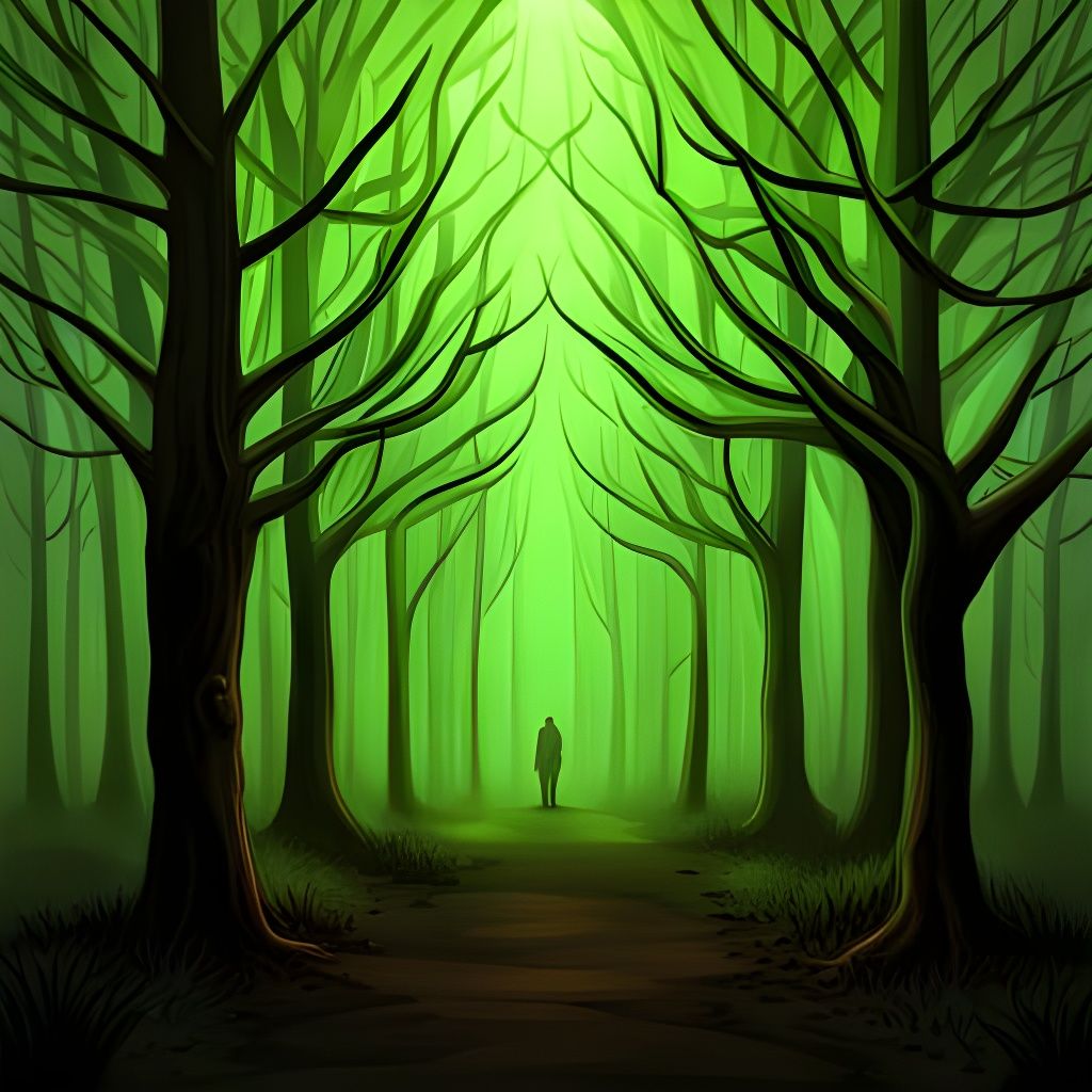 Eerie Green Fog in Dark Forest with Hanging Bodies