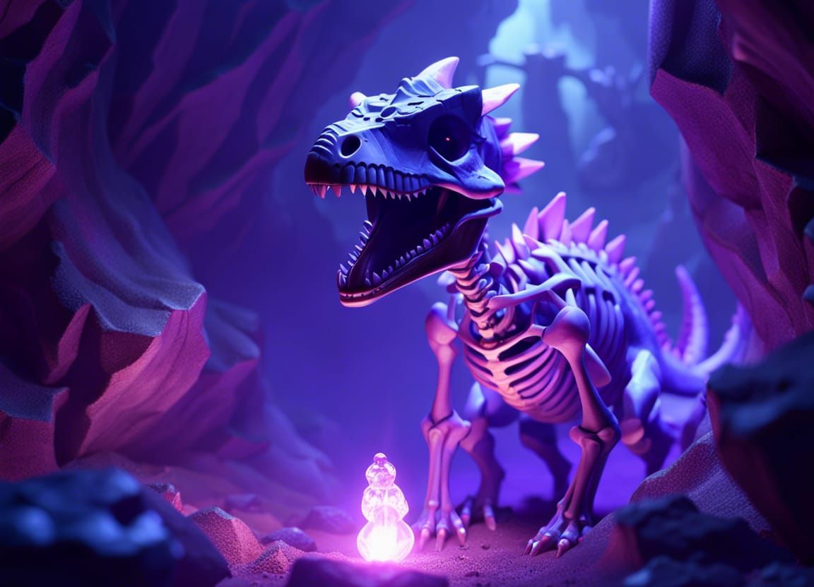 Dinosaur Skeleton in Crystal Cave, Manga Style