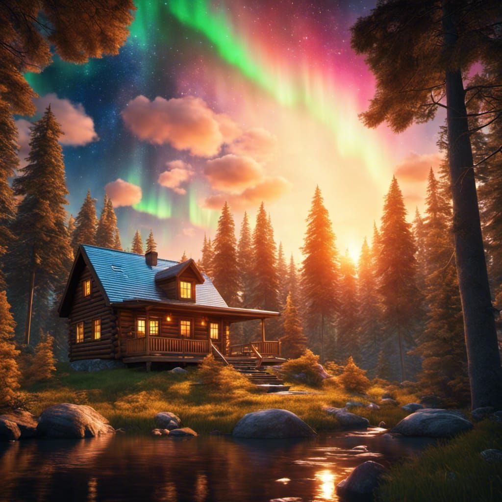Cozy Cabin Under Aurora Borealis in 8K
