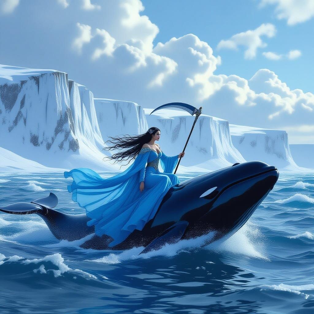 Goddess Mara Rides Beluga Whale in Winter Sea