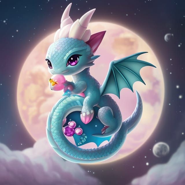 Chibi Dragon with Sapphire Gemstone Digital Illustration