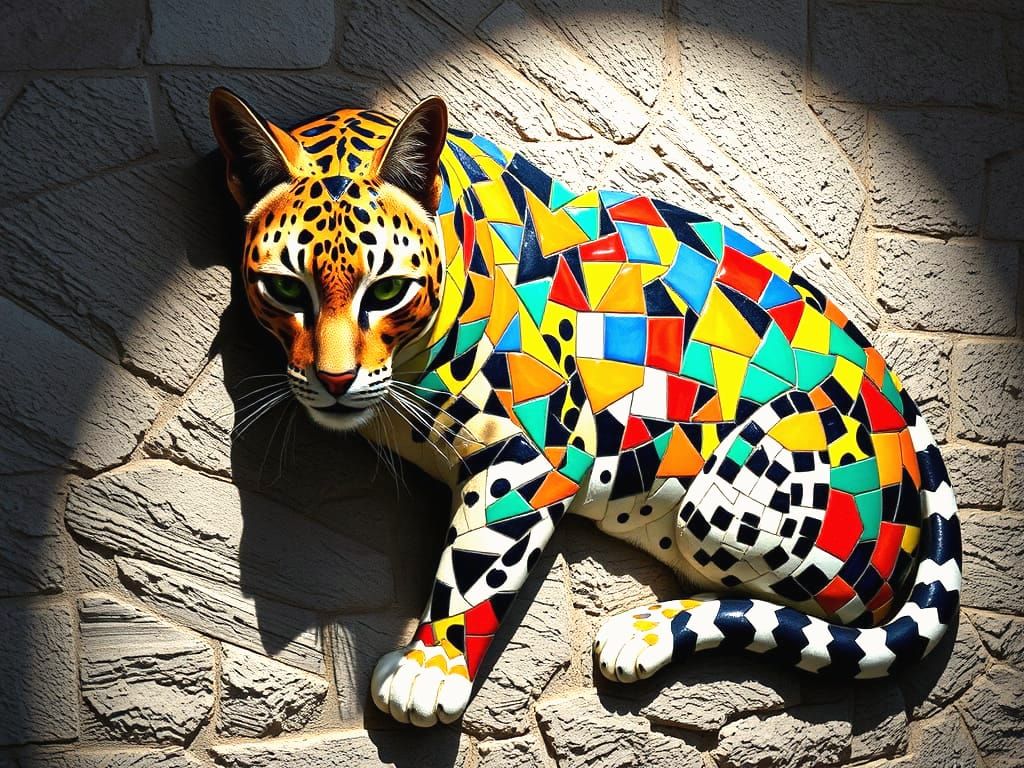 Mosaic Cat Wall Art in Cubist and Surrealist Style