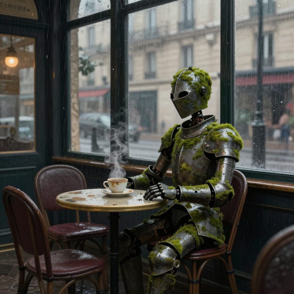 Automaton Knight in Rainy Parisian Café