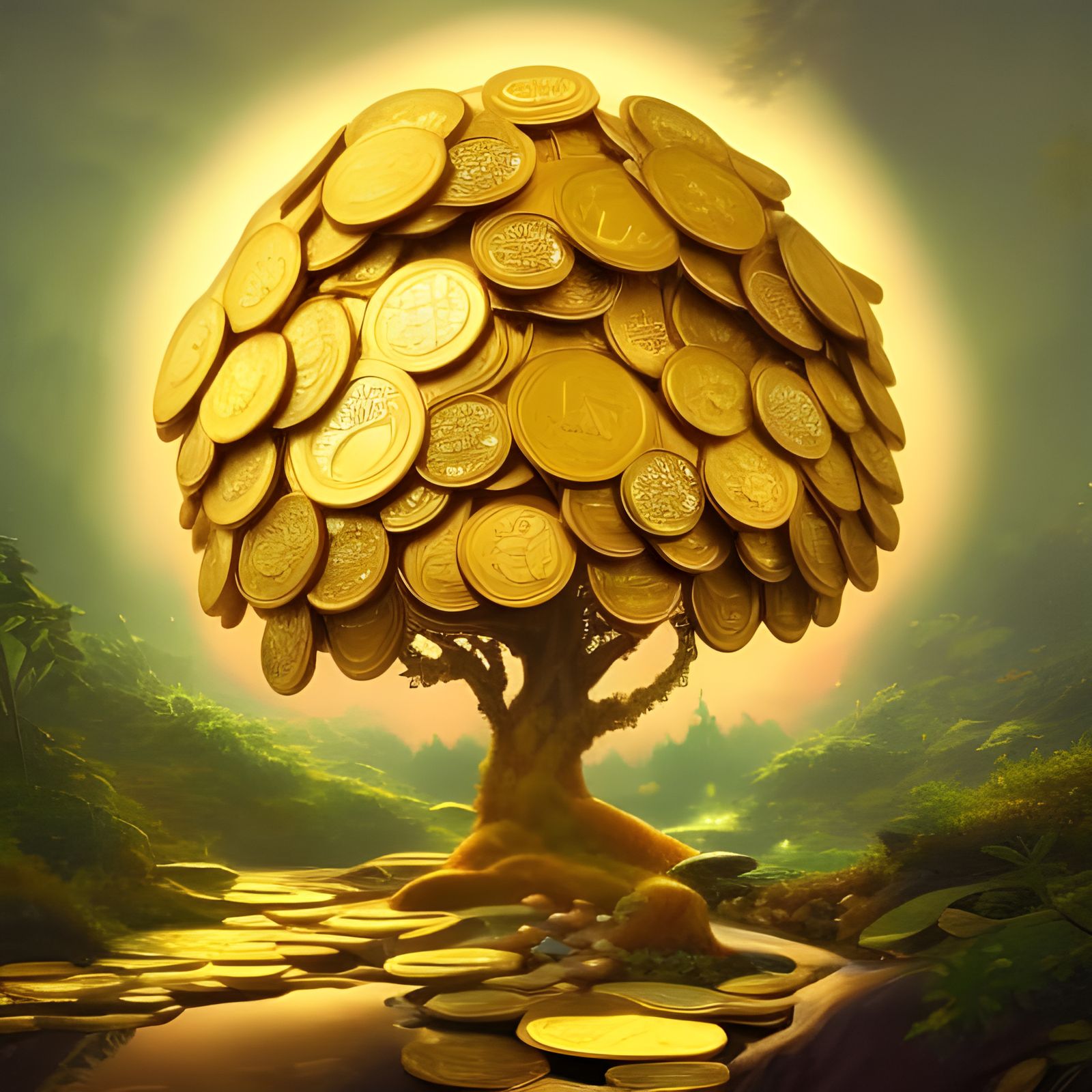 Elaborate Gold Coin Tree Digital Illustration