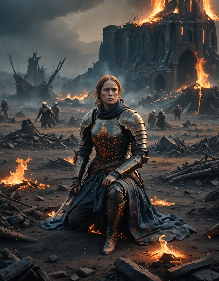 Joan of Arc Kneeling on a Desolate Battlefield