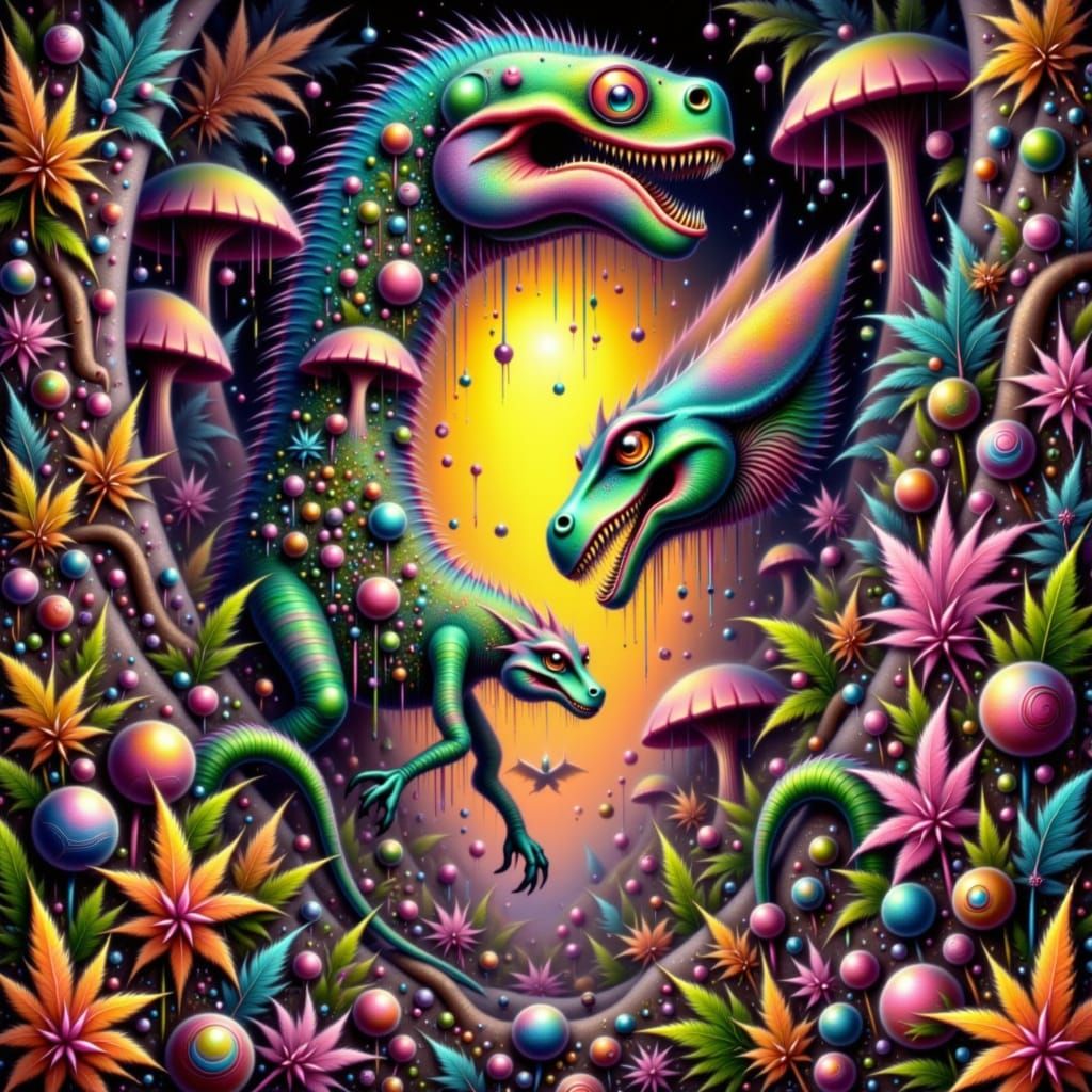 Dinosaur Emerges from Portal in Dreamlike Landscape