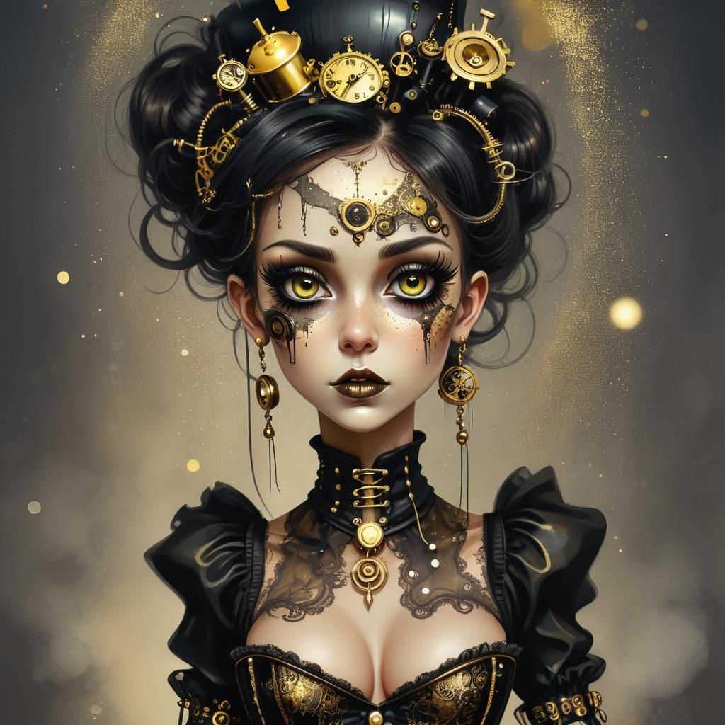 Steampunk Woman with Exaggerated Features in Gold and Black