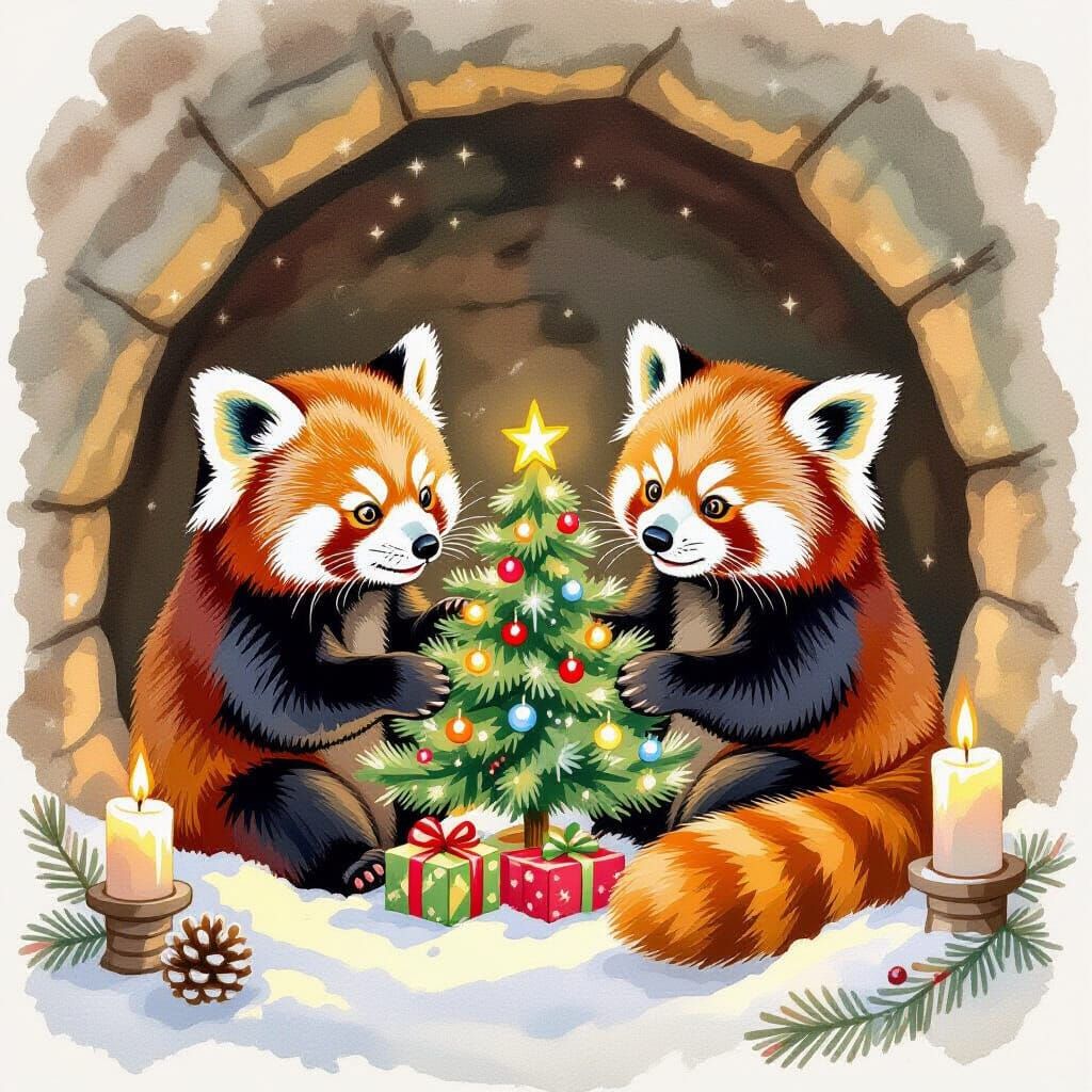 Festive Red Pandas Decorating Christmas Tree: Watercolor Ill...