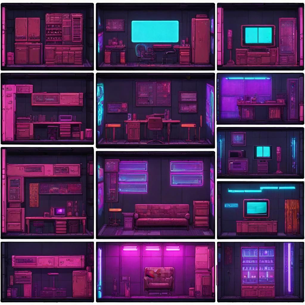 Cyberpunk Interior Furniture Tileset in Neon Style