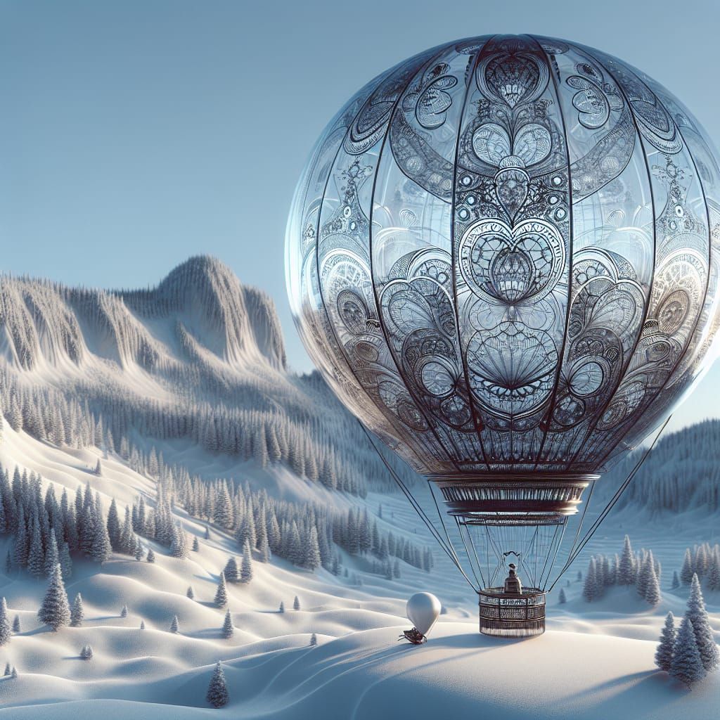 Surreal Filigree Hot Air Balloon in Snowy Landscape