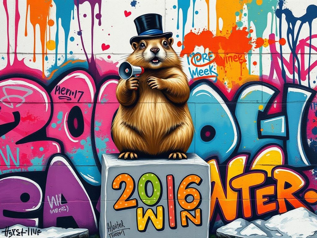 Whimsical Groundhog Declares Winter in Vibrant Graffiti Styl...