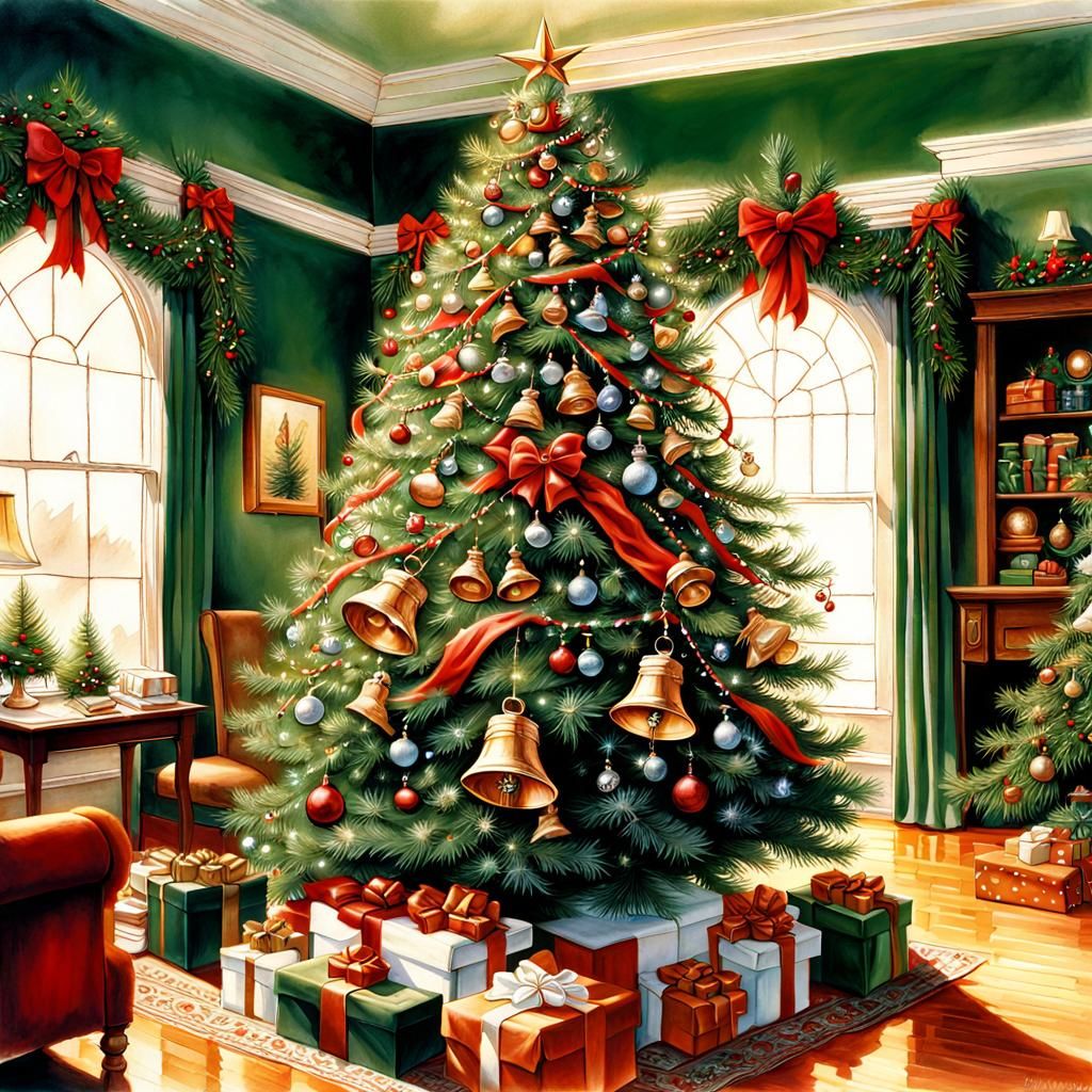 Ornate Christmas Tree in Rockwell Illustration Style