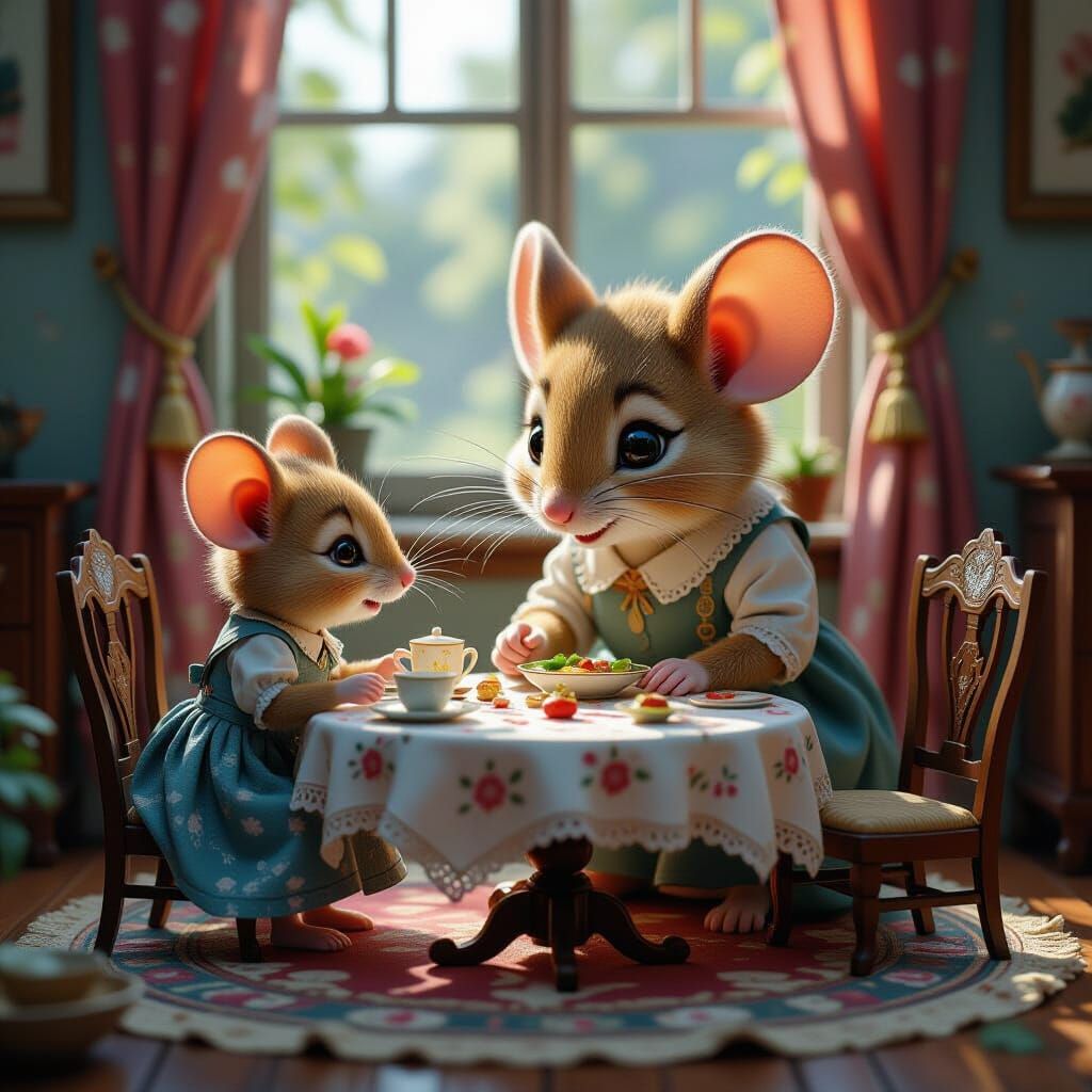 Cute Mouse Family Setting Miniature Table in Fantasy Style