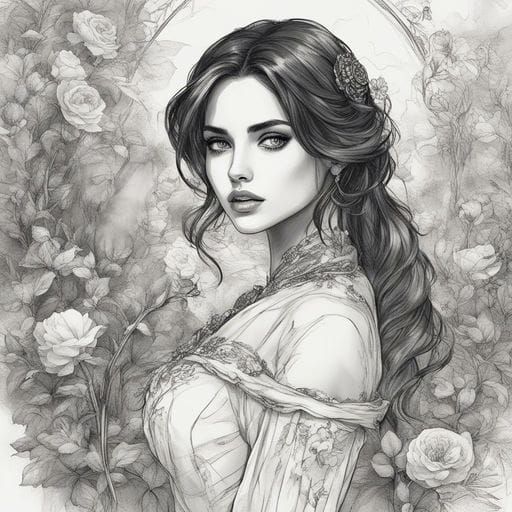 Gothic Snow White: Black and White Ink Drawing