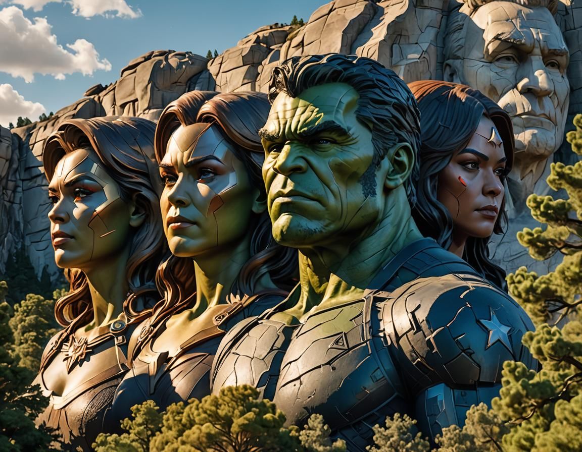 Portrait of Mount Rushmore featuring head carvings of famous...