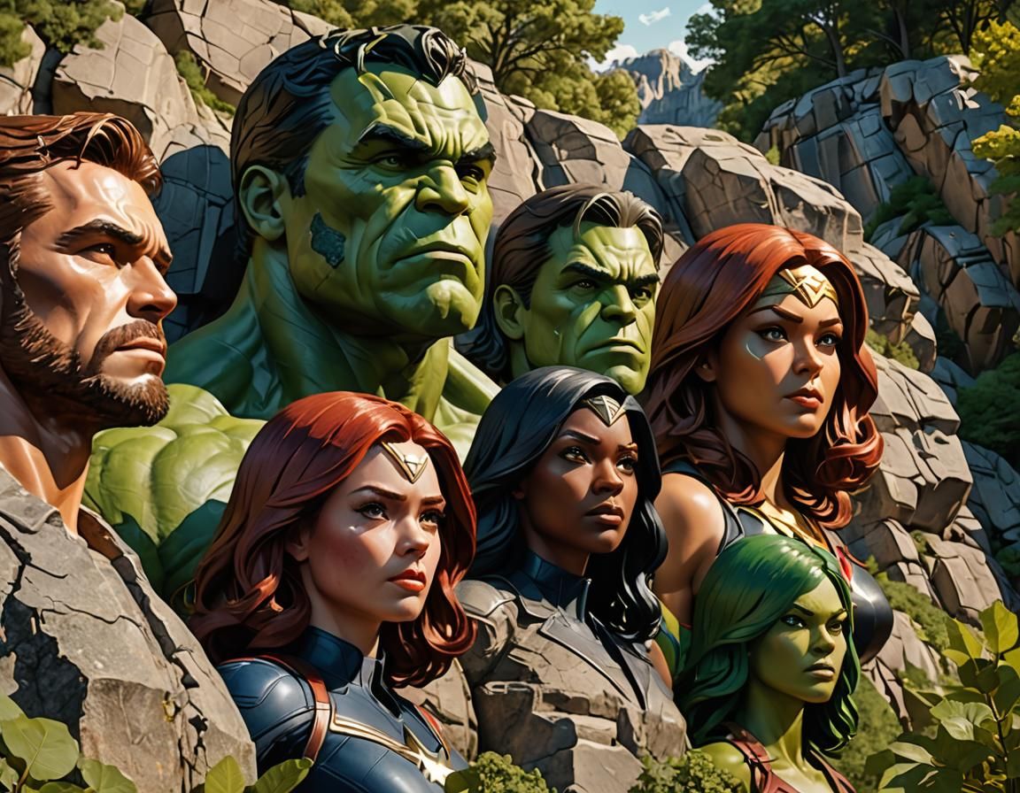 Portrait of Mount Rushmore featuring head carvings of famous...