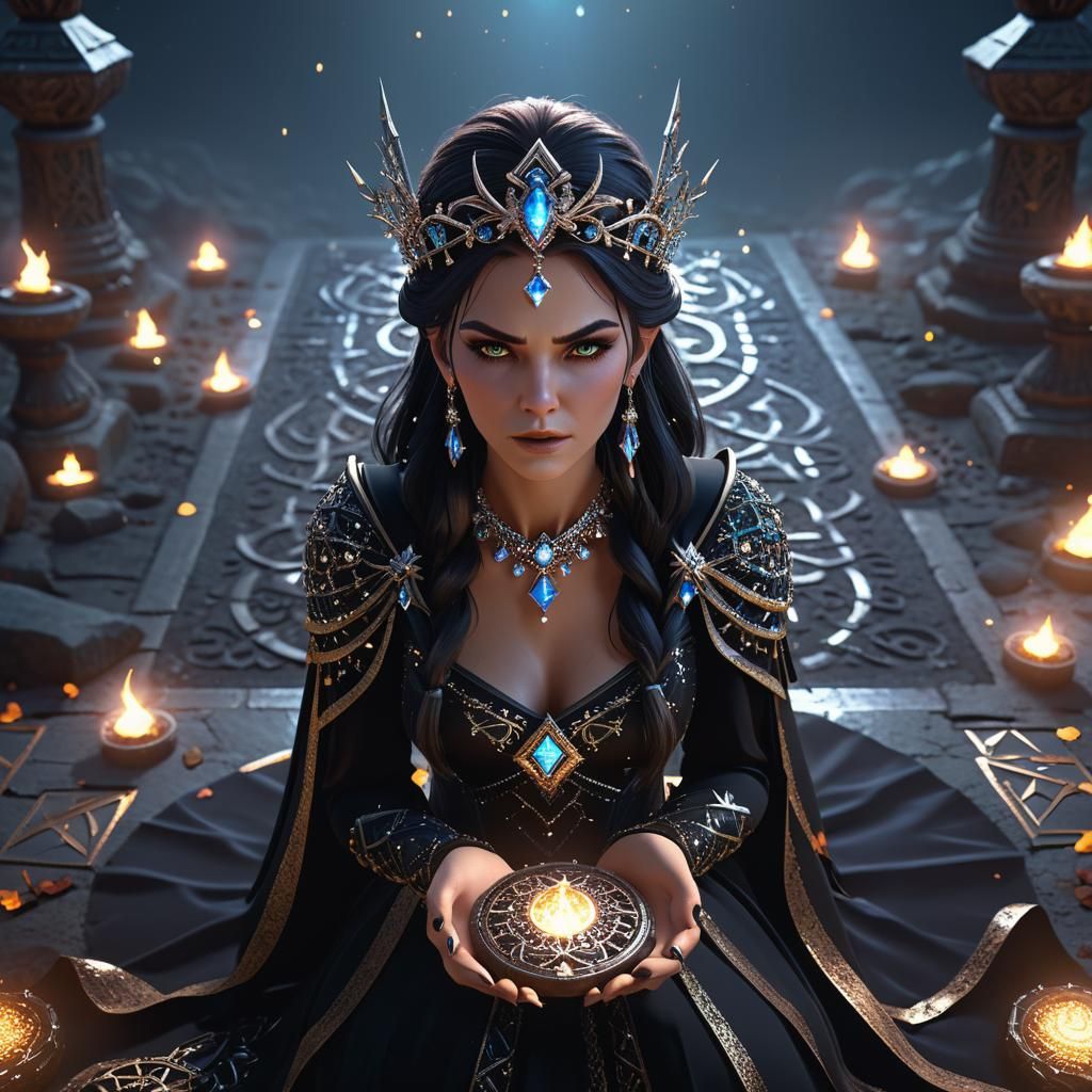 Grief-Stricken Witch Conducting a Crystal Magic Ceremony