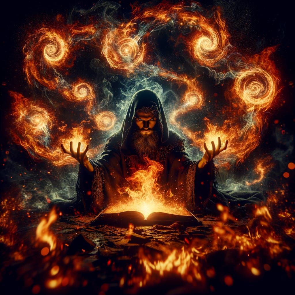 Mystical Sorcerer Conjuring Fire Spell