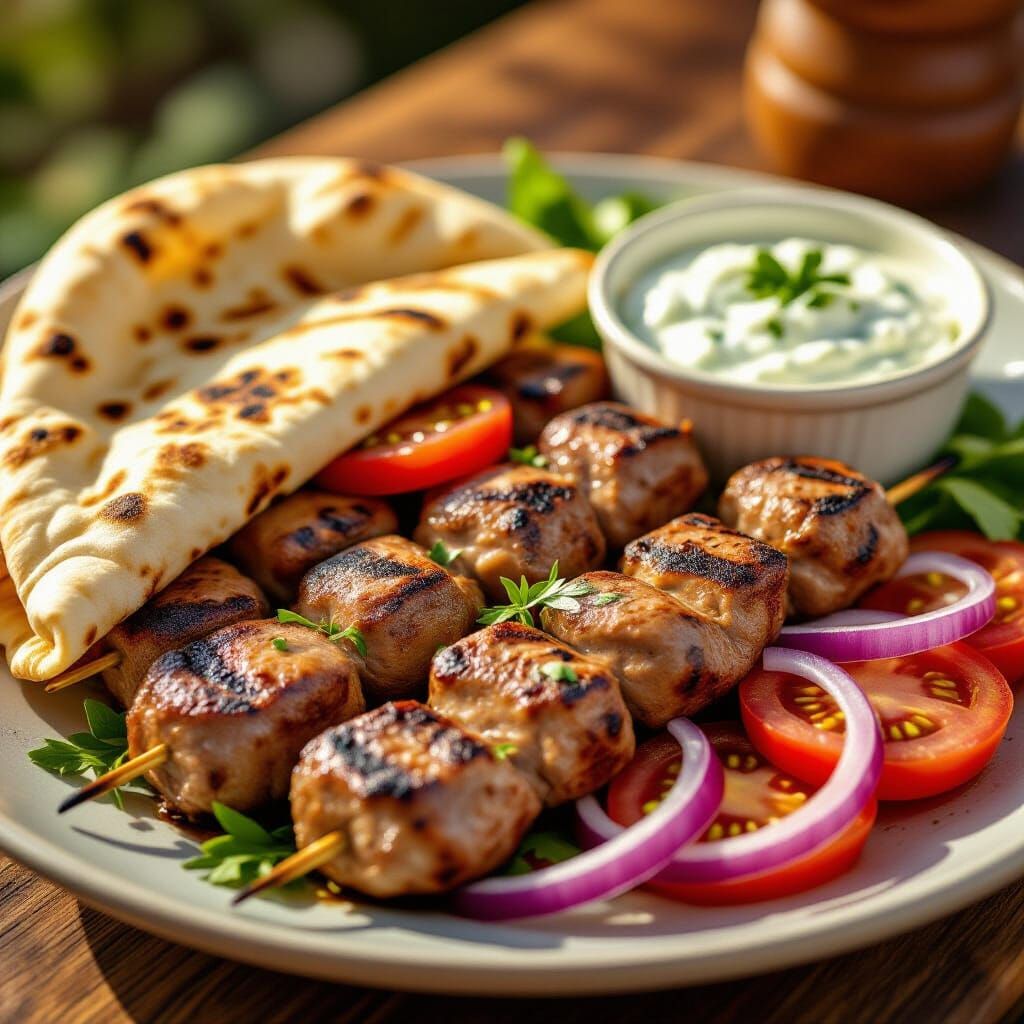 Mouth-Watering Greek Souvlaki Plate in Golden Hour Light