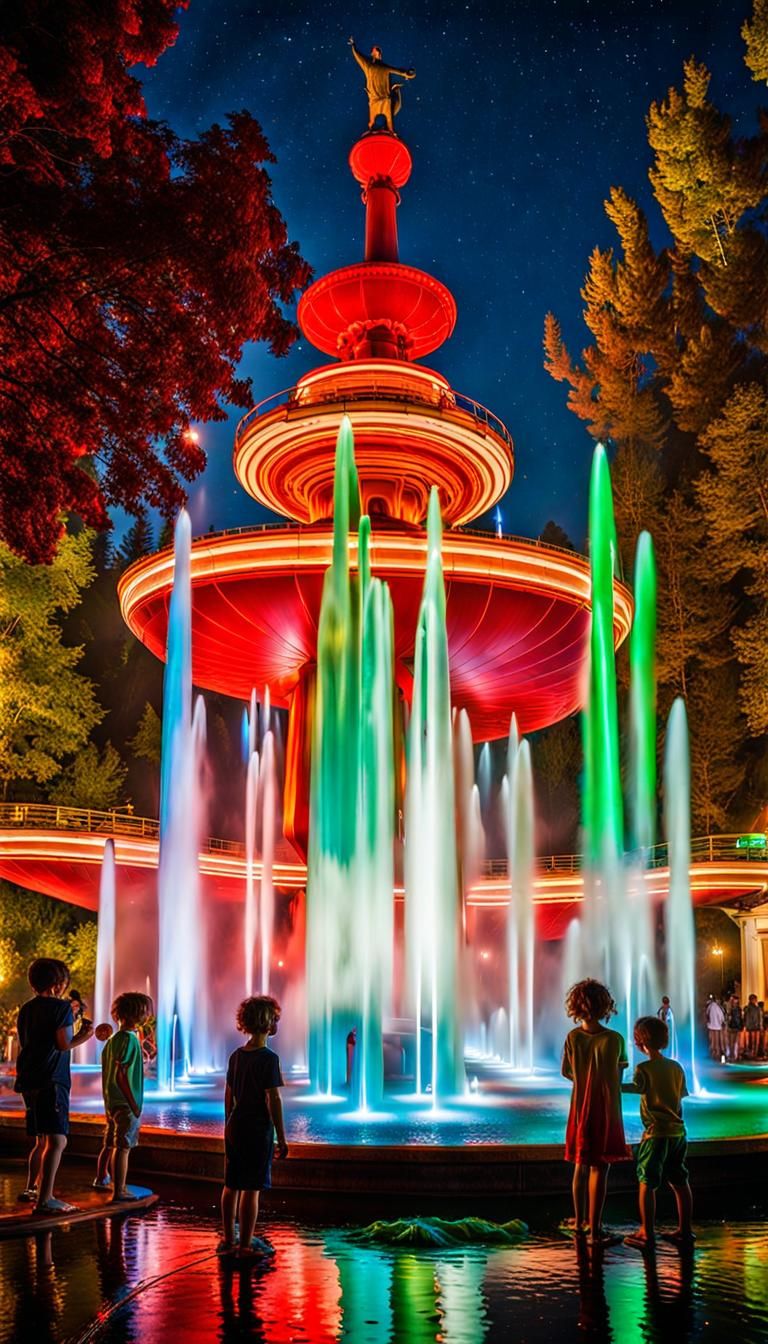Retrofuturistic Fountain at Night with Colorful Jets