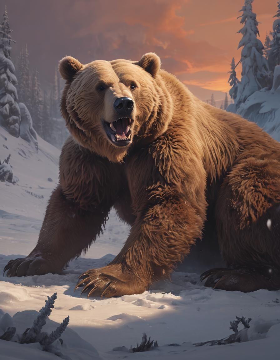 a gargantuan bear, storybook illustration with ZBrushed warm colors, 18th century atlas dosed...