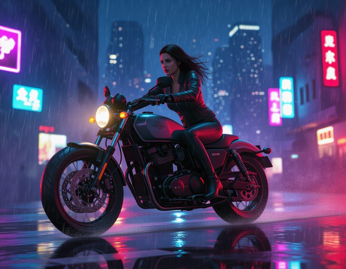 Woman Rides Motorcycle Through Neon City at Night