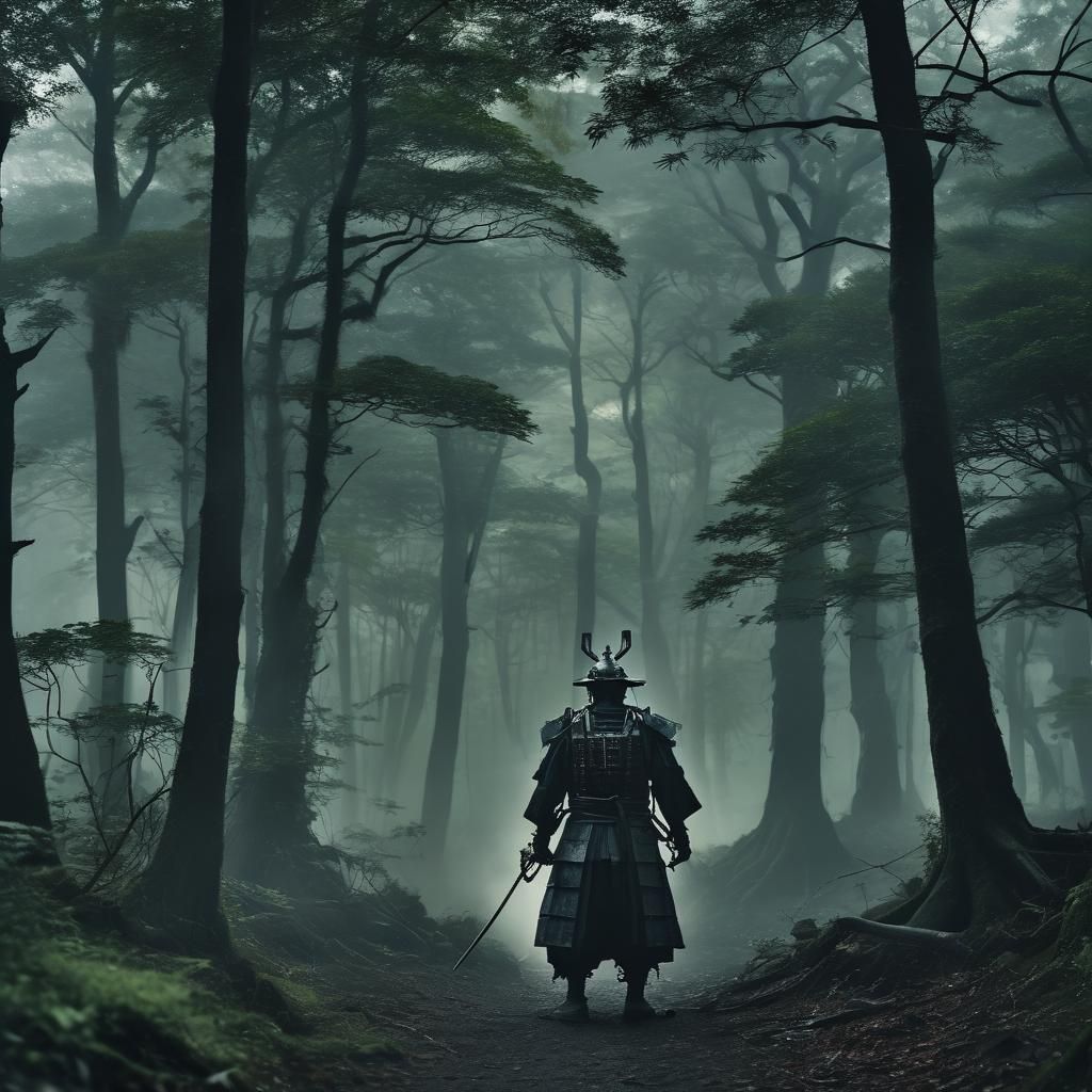 Ethereal Samurai in a Misty Japanese Forest