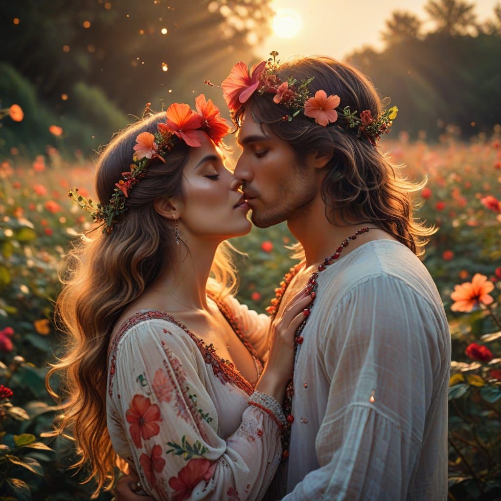 Romantic Summer Kiss in Art Nouveau Style