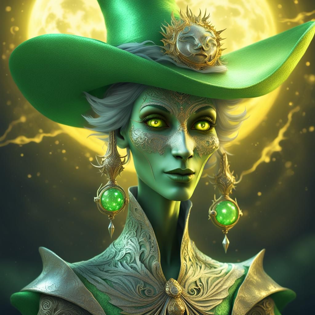 Surreal Witch with Light Green Skin and Golden Eyes