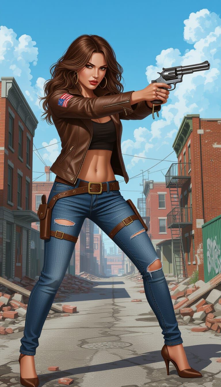 Brunette with Revolver in Bronx Slums: Hyperrealistic Splash...