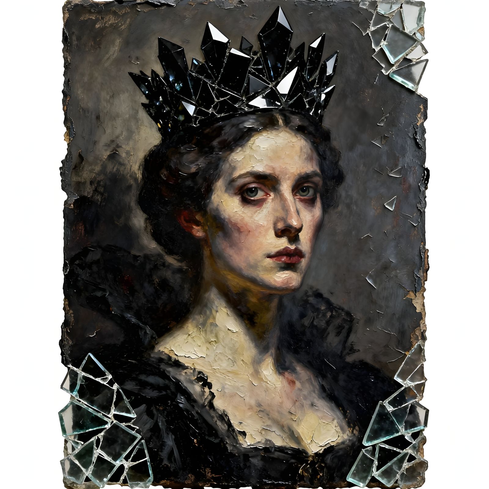 Queen Wears Crown of Broken Glass in Grunge Style