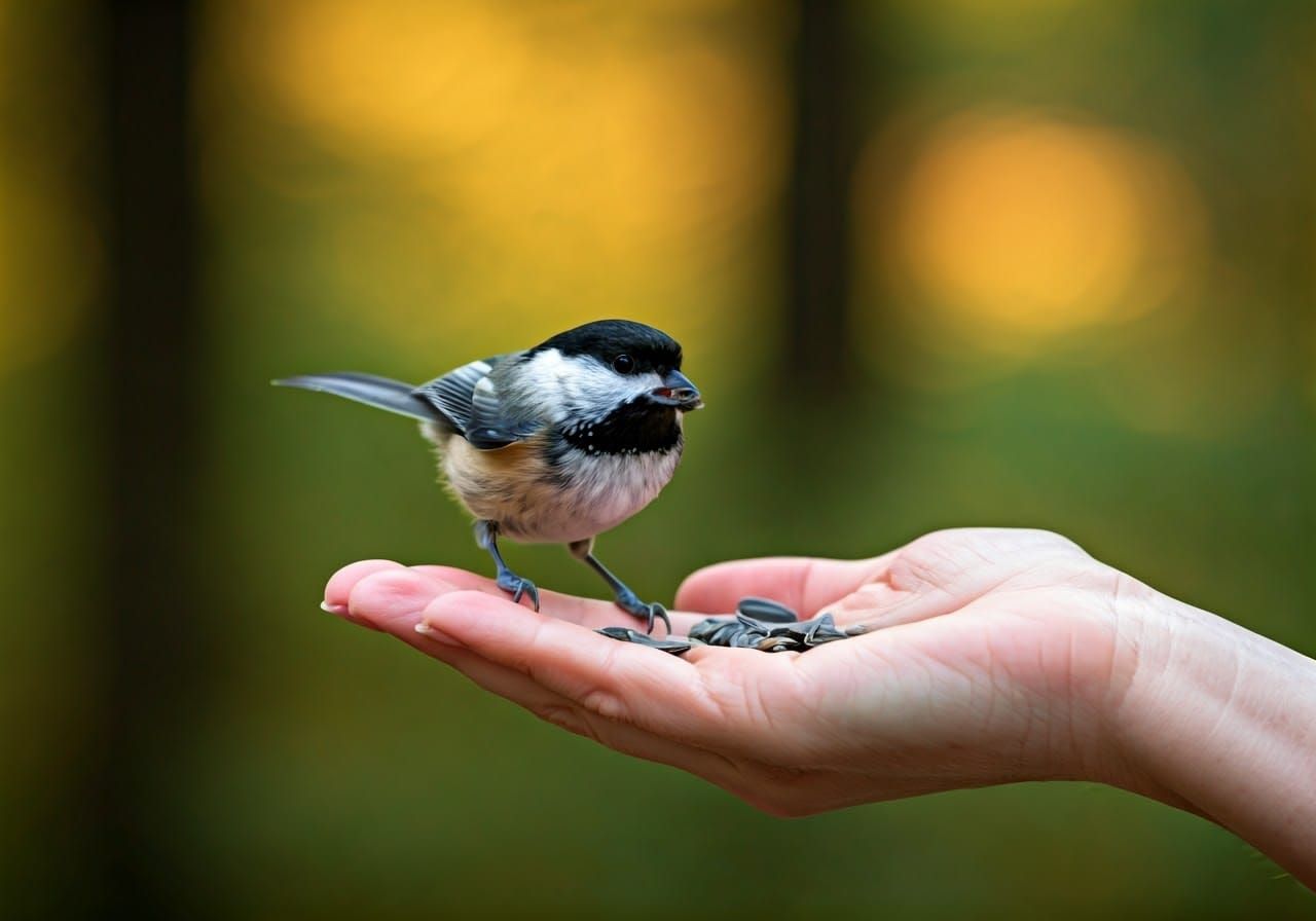 Chickadee and Sunflower Seeds in Forest Light