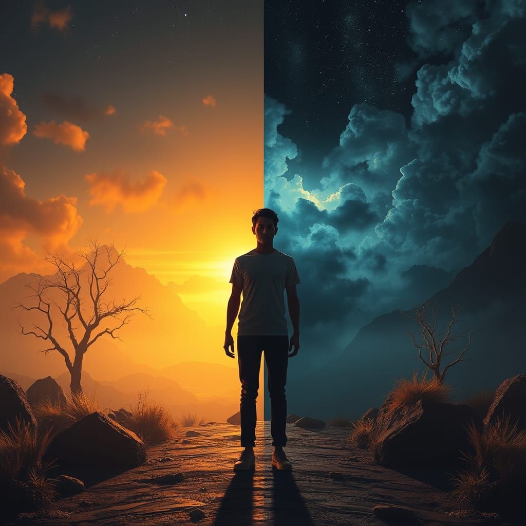 Person Split Between Day and Night in Digital Art