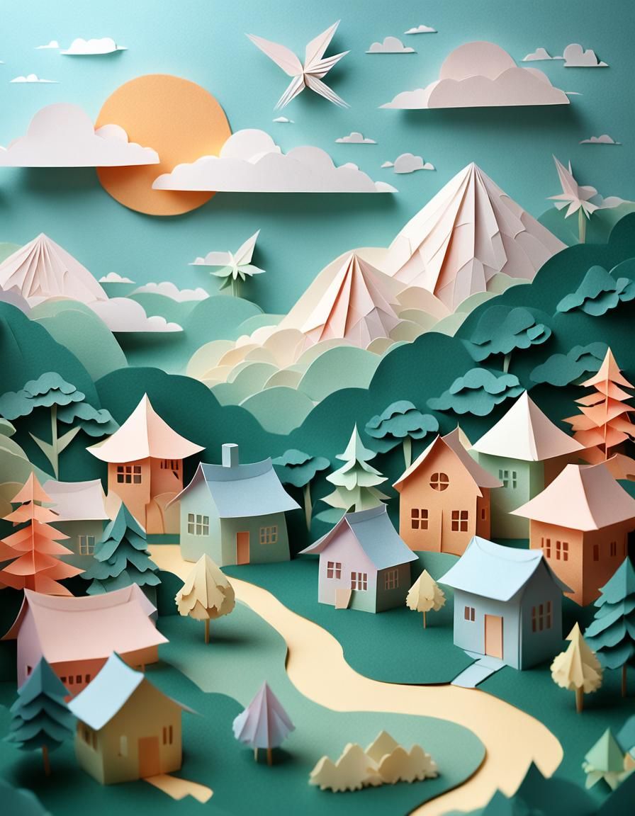 Delicate Kirigami Village in Pastel Colors