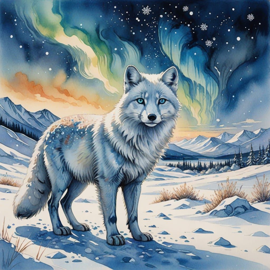 A majestic arctic fox with "Bright Blue Eyes" standing in a shimmering snowy landscape, its thick white fur glistening u...
