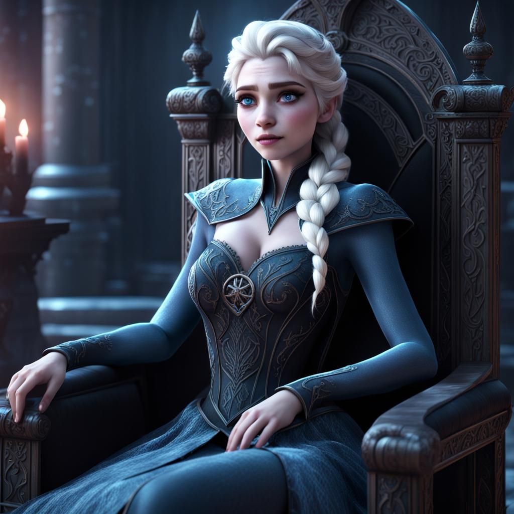 Gothic Elsa on Her Throne: Detailed Digital Art