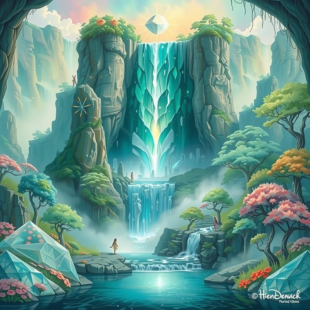 Majestic Crystalline Waterfall in Art Nouveau Style