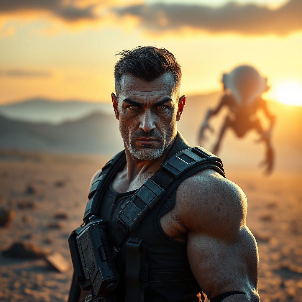 Action Hero in Post-Apocalyptic Landscape