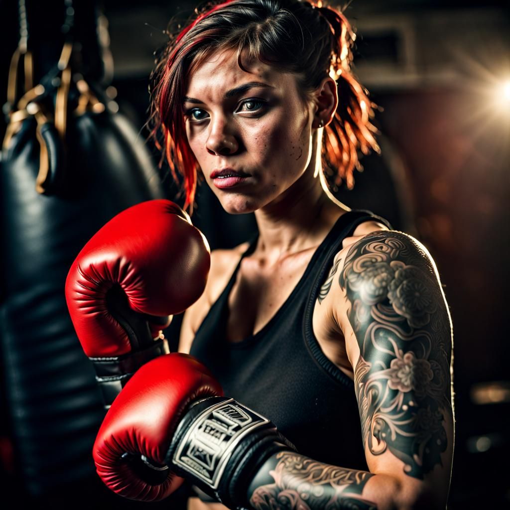 Hyperrealistic Photo of Young Female Boxer with Tattoos