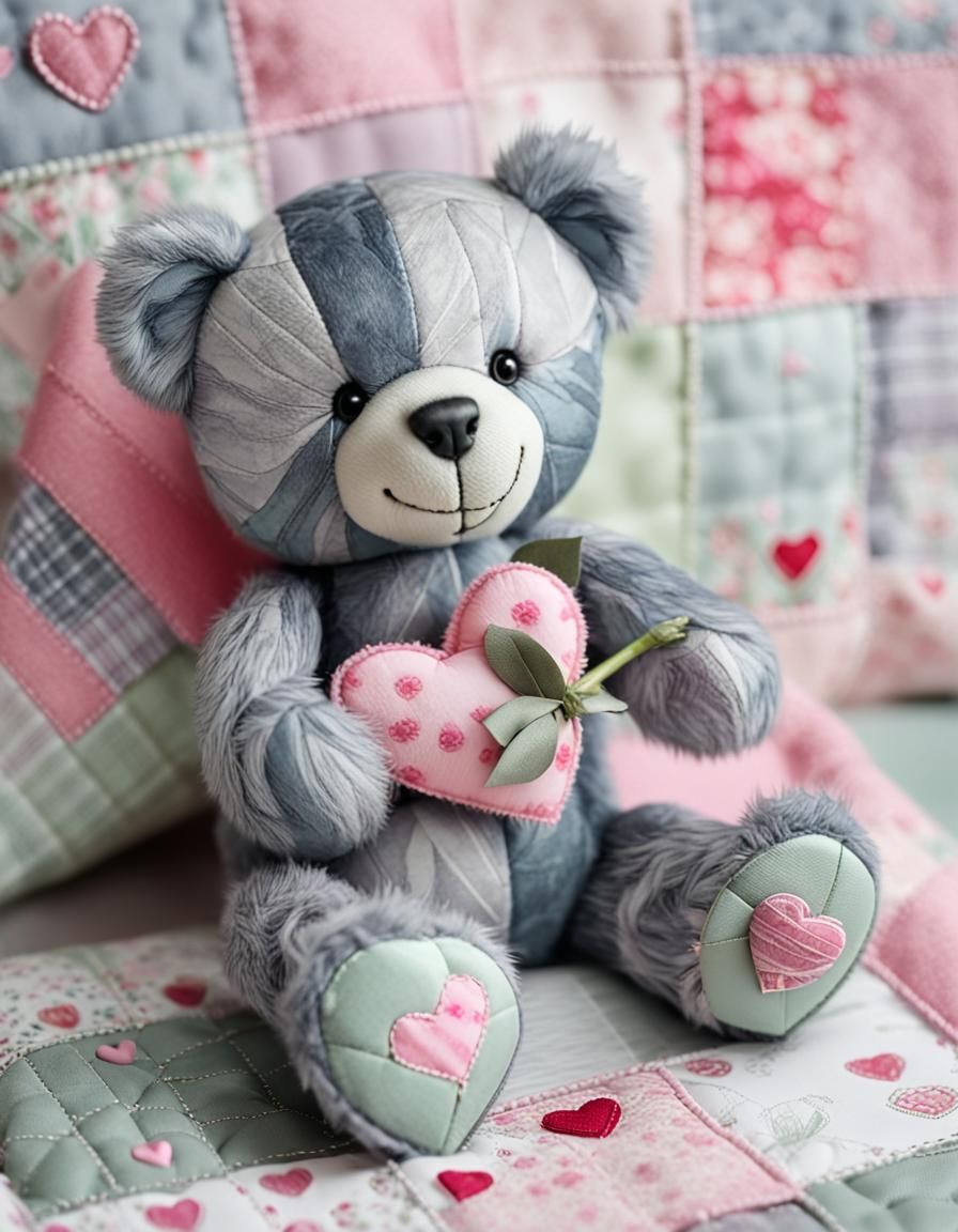 Cute Patchwork Teddy Bear Holding Pink Heart