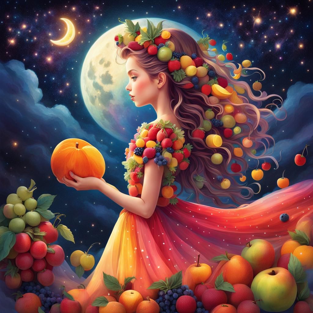 Enchanting Fruit Girl Gazing at Starry Night