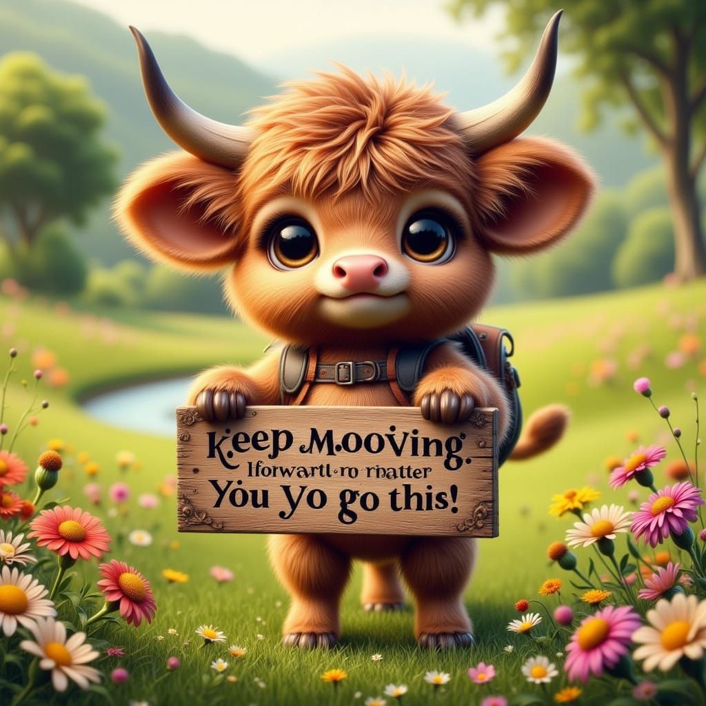Cute Highland Cow with Sign in Lush Meadow