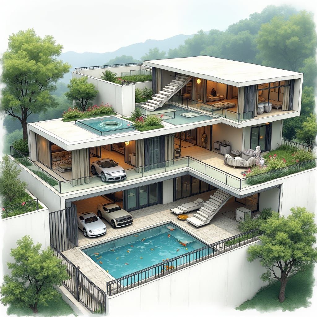 Luxury Villa Cross-Section with Zen Garden