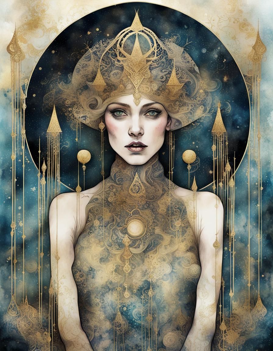 Mystical High Priestess Tarot Card in Watercolor