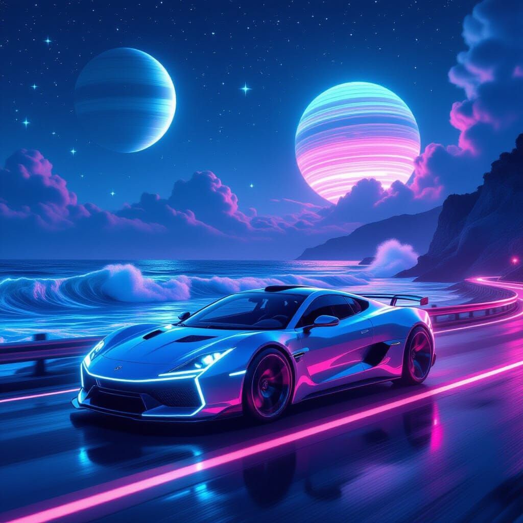 Vaporwave Car Drives Neon Coastline Under Glowing Stars