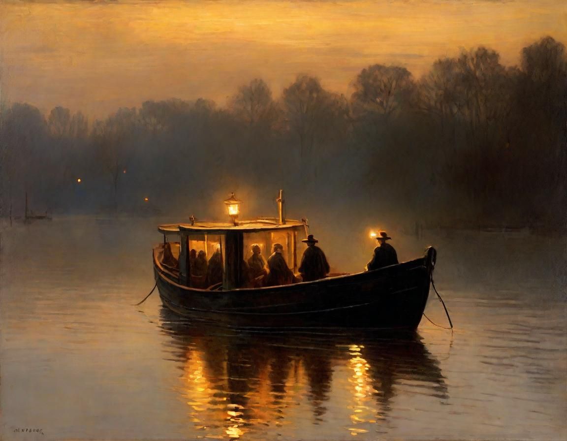 Misty River Ferry Crossing at Dusk: A Romantic Painting