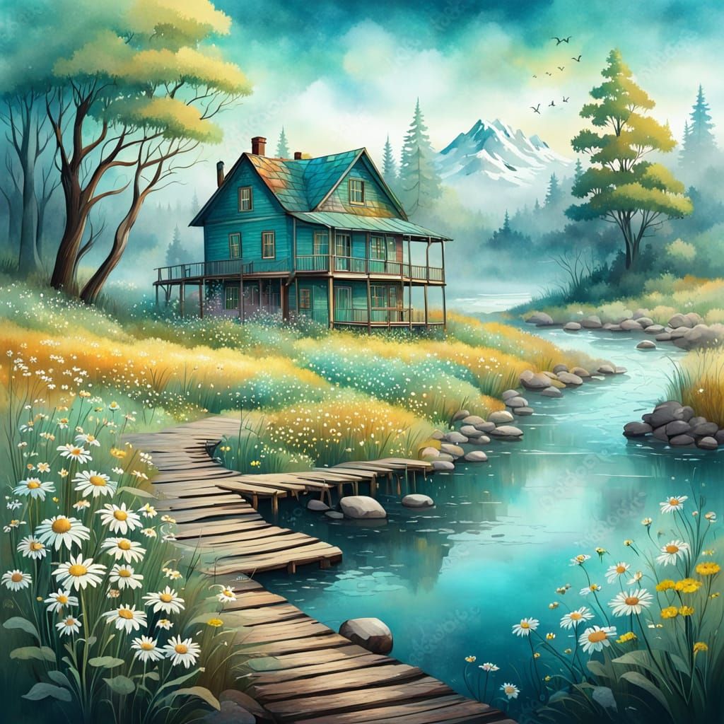 Whimsical Watercolor Landscape with Wildflowers and Old Wood...