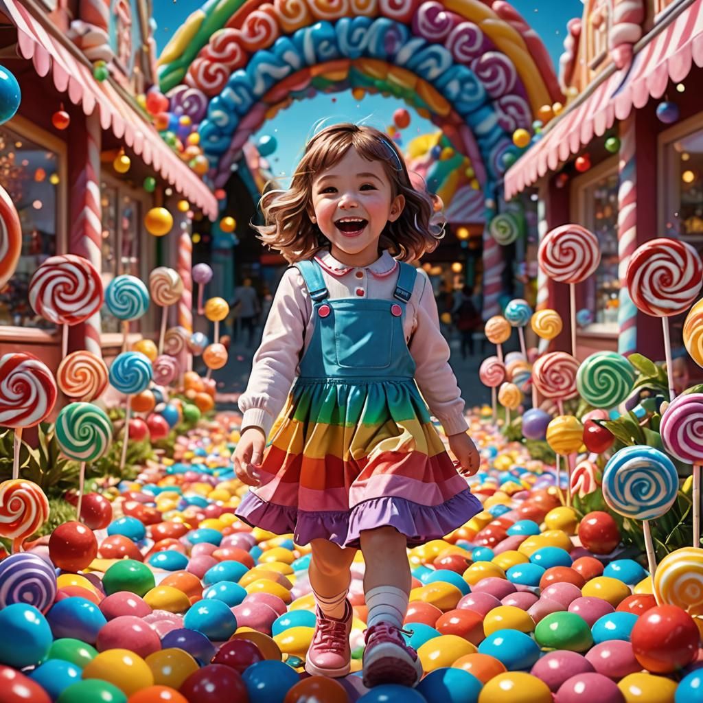 a happy little girl walking though a candy land