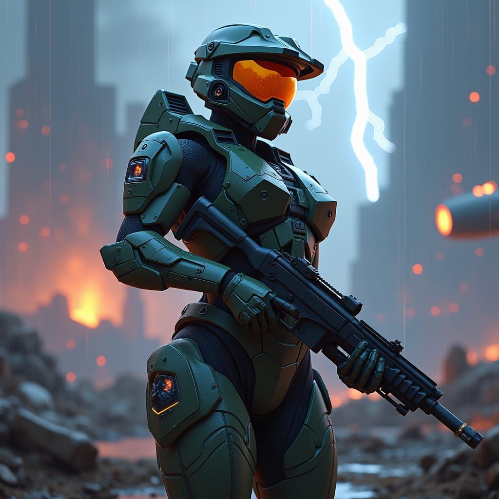 Futuristic Female Warrior on Battlefield in 8k