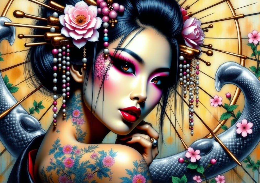 Astonishing Geisha Portrait in Yoshitaka Amano Style